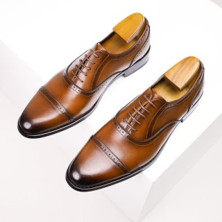 Men's Business Leather Shoes, Genuine Leather Oxford Formal Three-Eyelet Dress Shoes, Height Increasing Insole, British Style