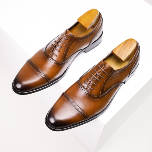 Men's Business Leather Shoes, Genuine Leather Oxford Formal Three-Eyelet Dress Shoes, Height Increasing Insole, British Style